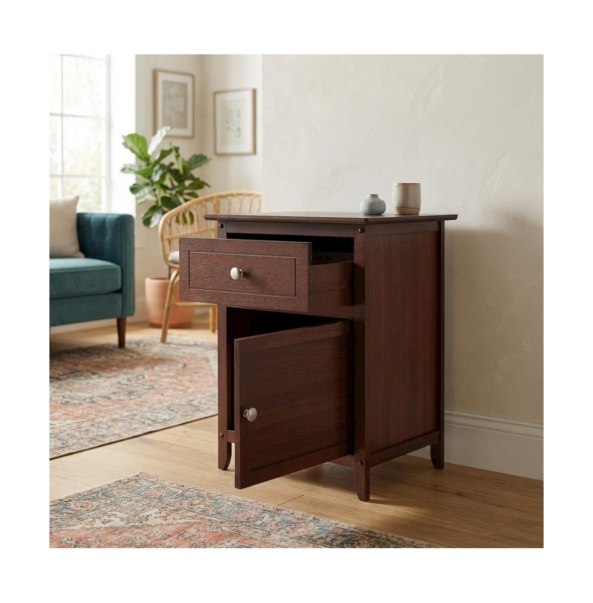 FurniFact Farmhouse End Table With Storage in Walnut Finish, Wooden Side Table And Drawer