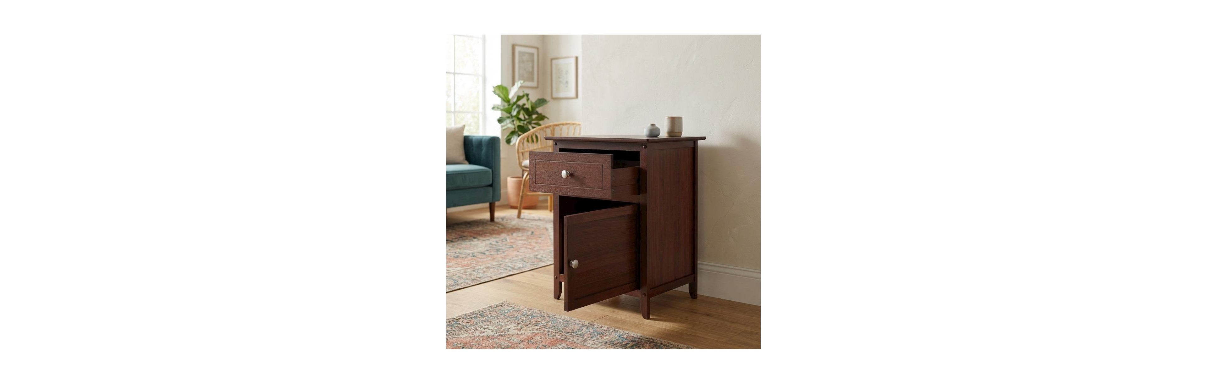 FurniFact Farmhouse End Table With Storage in Walnut Finish, Wooden Side Table And Drawer
