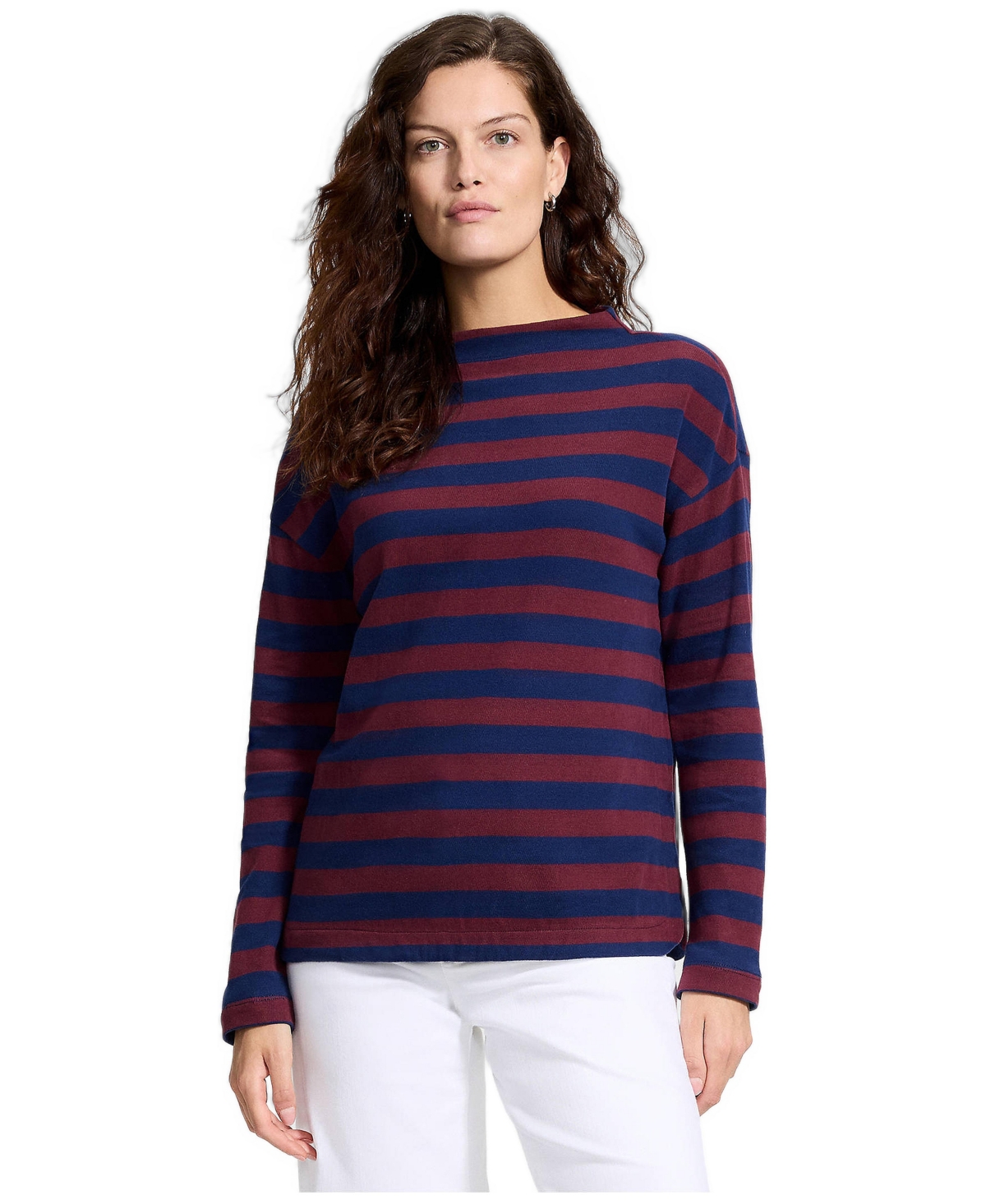 Lands' End Women's Mariner Striped Funnel-Neck Drop-Shoulder Long-Sleeve T-Shirt - Rich burgundy balanced stripe
