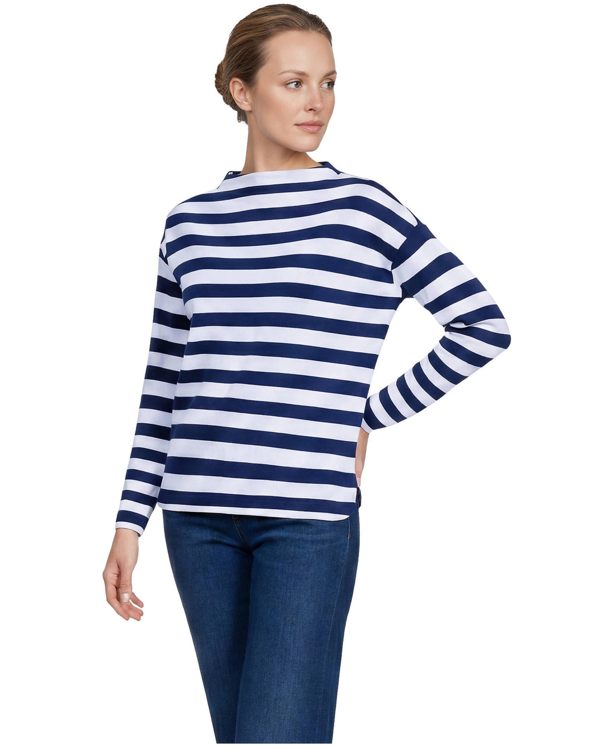 Lands' End Women's Mariner Striped Funnel-Neck Drop-Shoulder Long-Sleeve T-Shirt - White/blue balanced stripe
