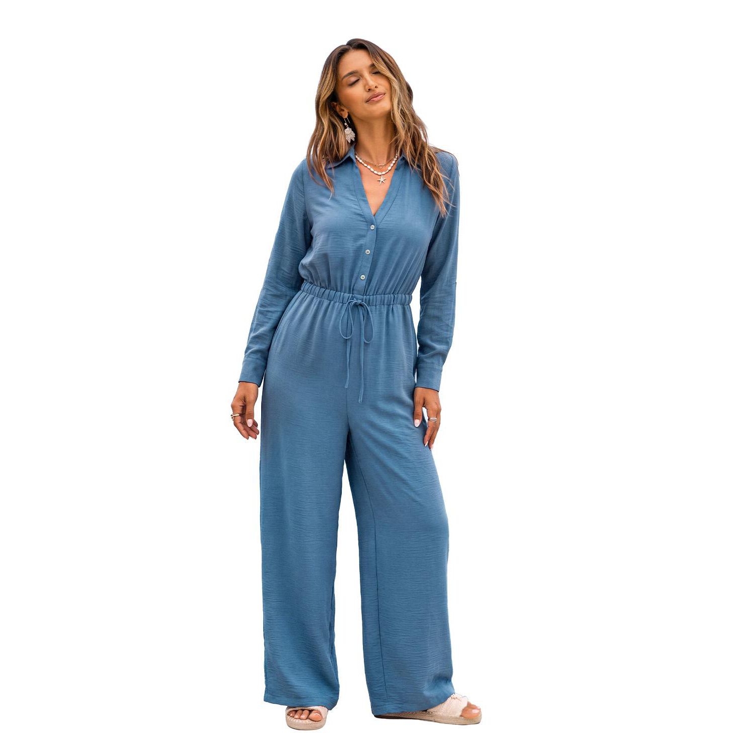 Women's Long-Sleeve Wide-Leg Collared Jumpsuit