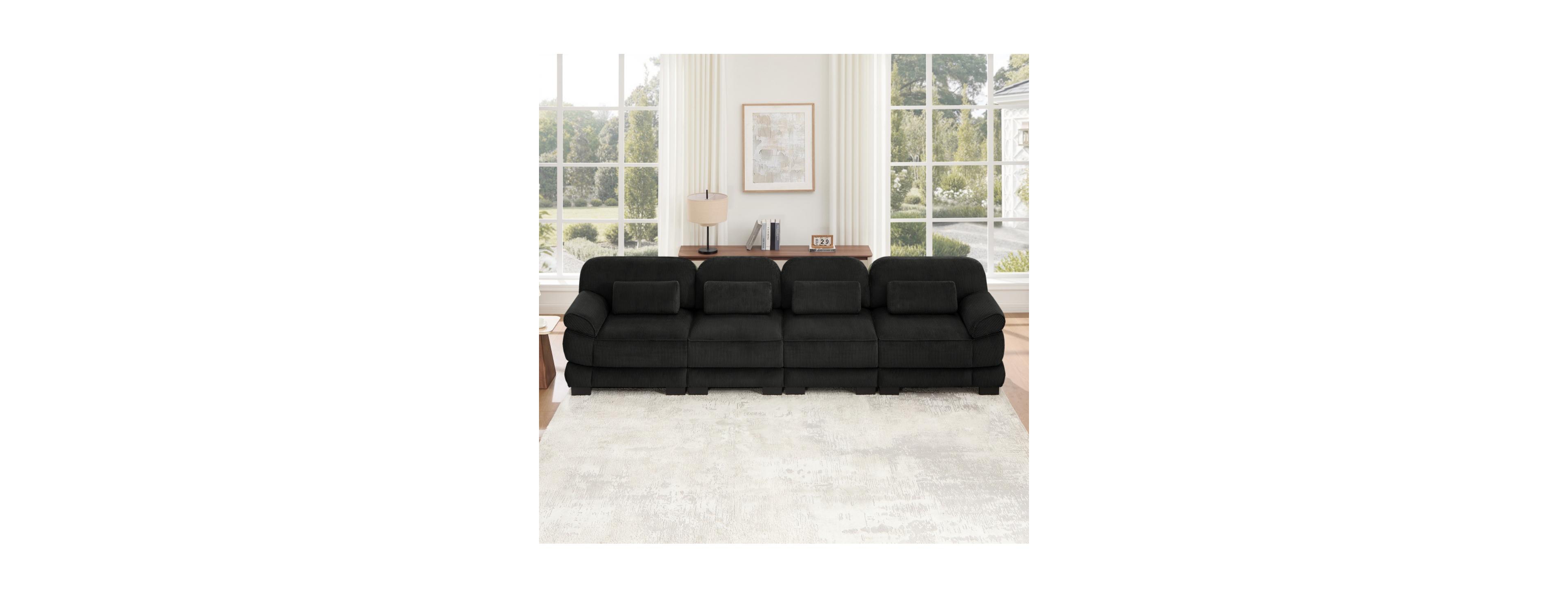 Rainsken Minimalist Modular Sectional Couch, 4-Seater Sofa, Comfy Thick Seat Cushions, Breathable Corduroy Fabric, for Living Room Bedroom Apartment