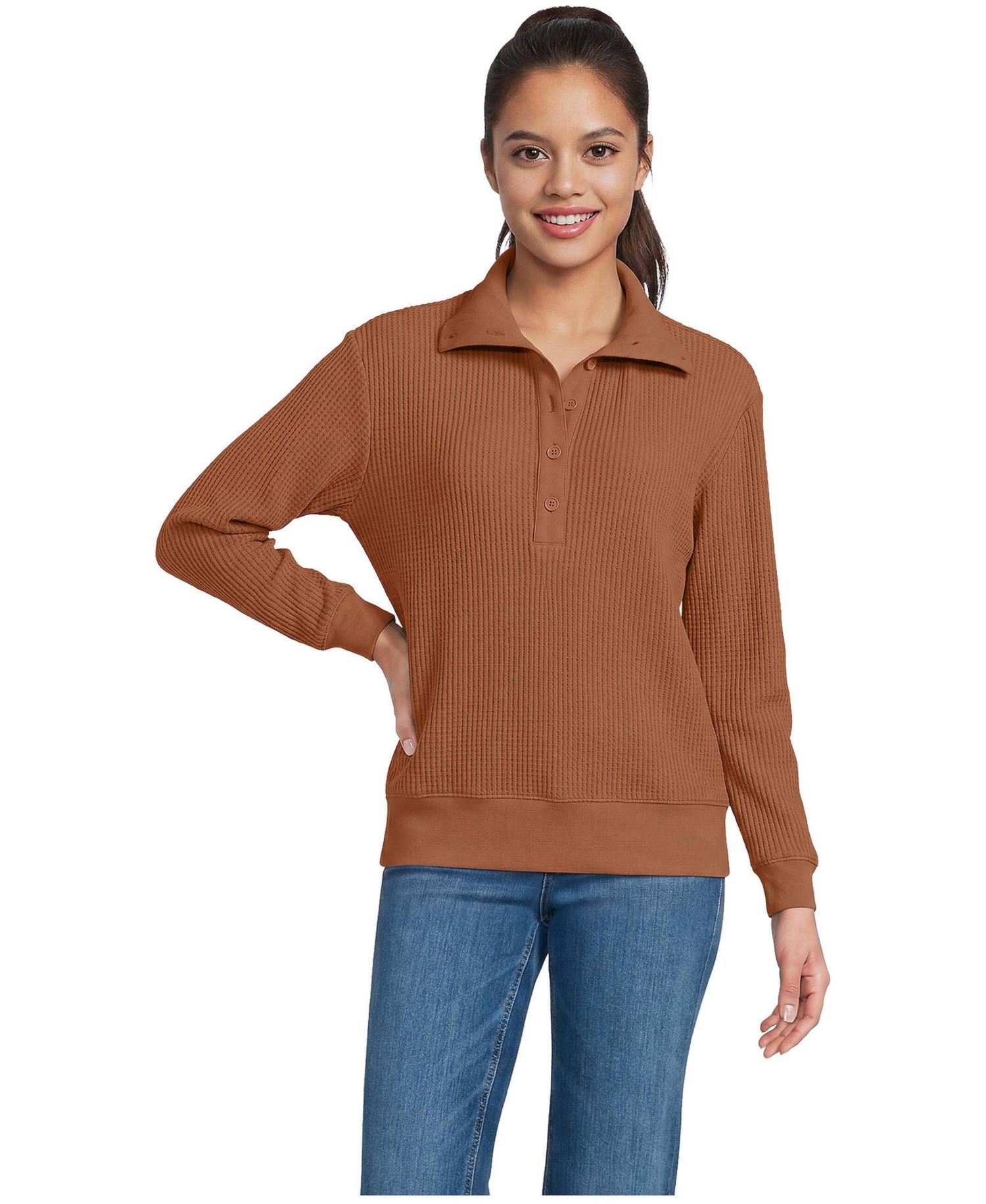 Women's Waffle-Knit Button-Up Long-Sleeve Henley Top