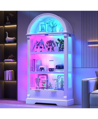 Glass Curio Cabinet with Glass Doors and RGB Lights