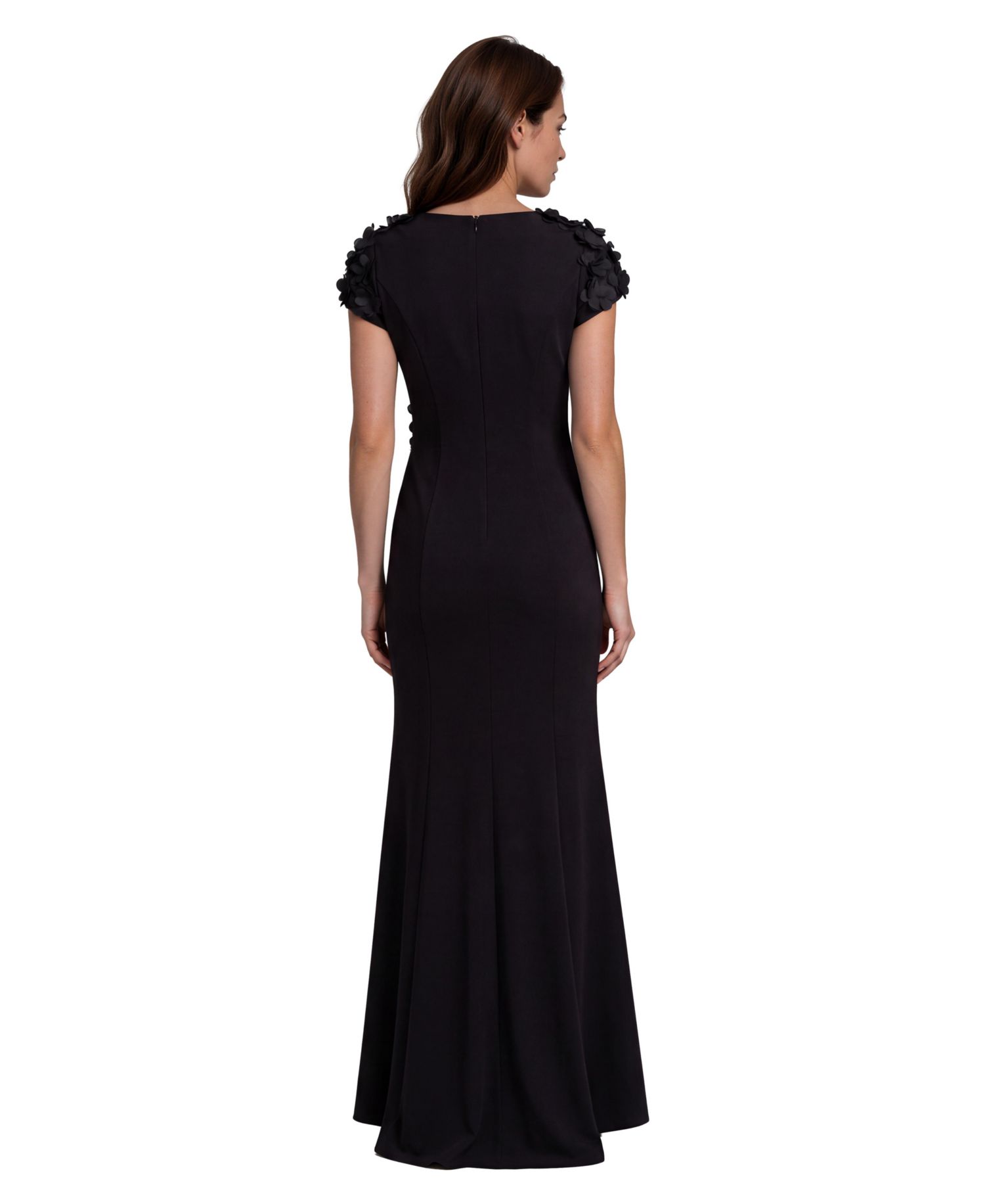 Women's High Neck Stretch Crepe Fit And Flare Gown with Sequin Appliques