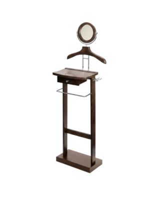 Dark Espresso Solid Wood Clothes Valet Stand with Mirror, Drawer, and Tray