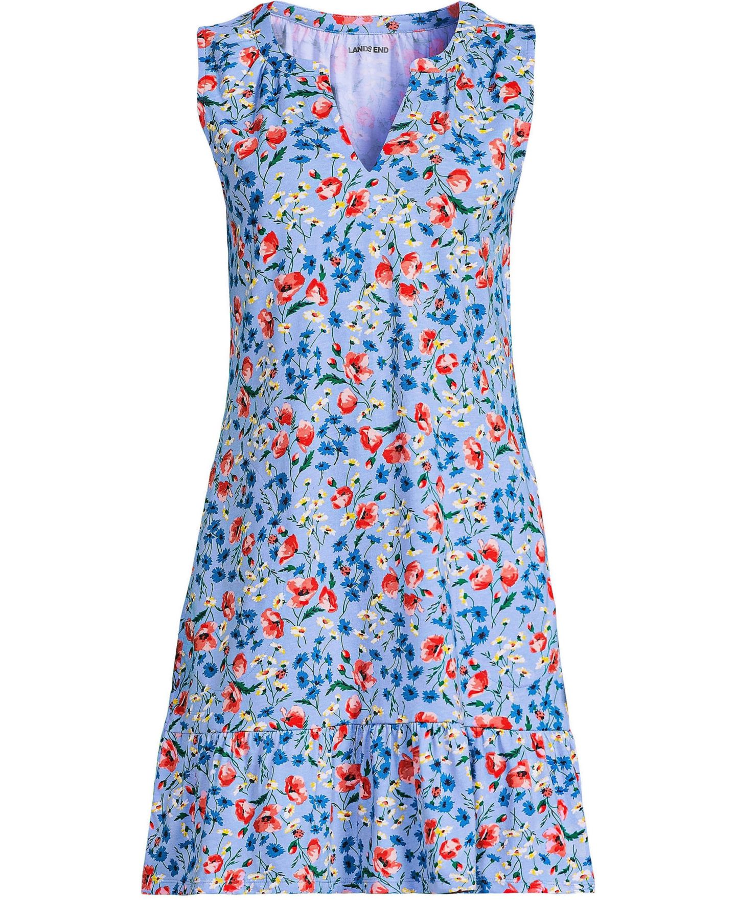 Женское платье Lands' End Sleeveless Cotton Jersey Notch Neck Flounce, цвет: Прозрачный синий небесно-голубой маковый с принтом — фото 4