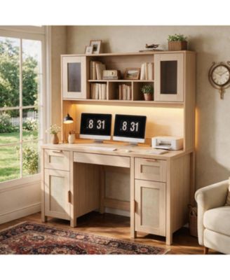 Bookshelf Office Desk, Modern Wood Workstation Table With Multi-Layer Open Storage Shelves, Functional Home Office Writing Desk For Study