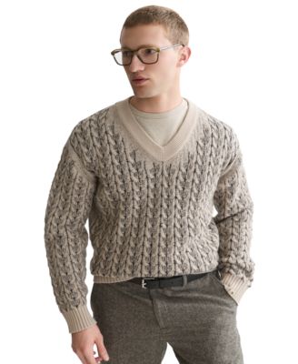 Men's Cable-Knit Dropped-Shoulder V-Neck Wool-Blend Pullover