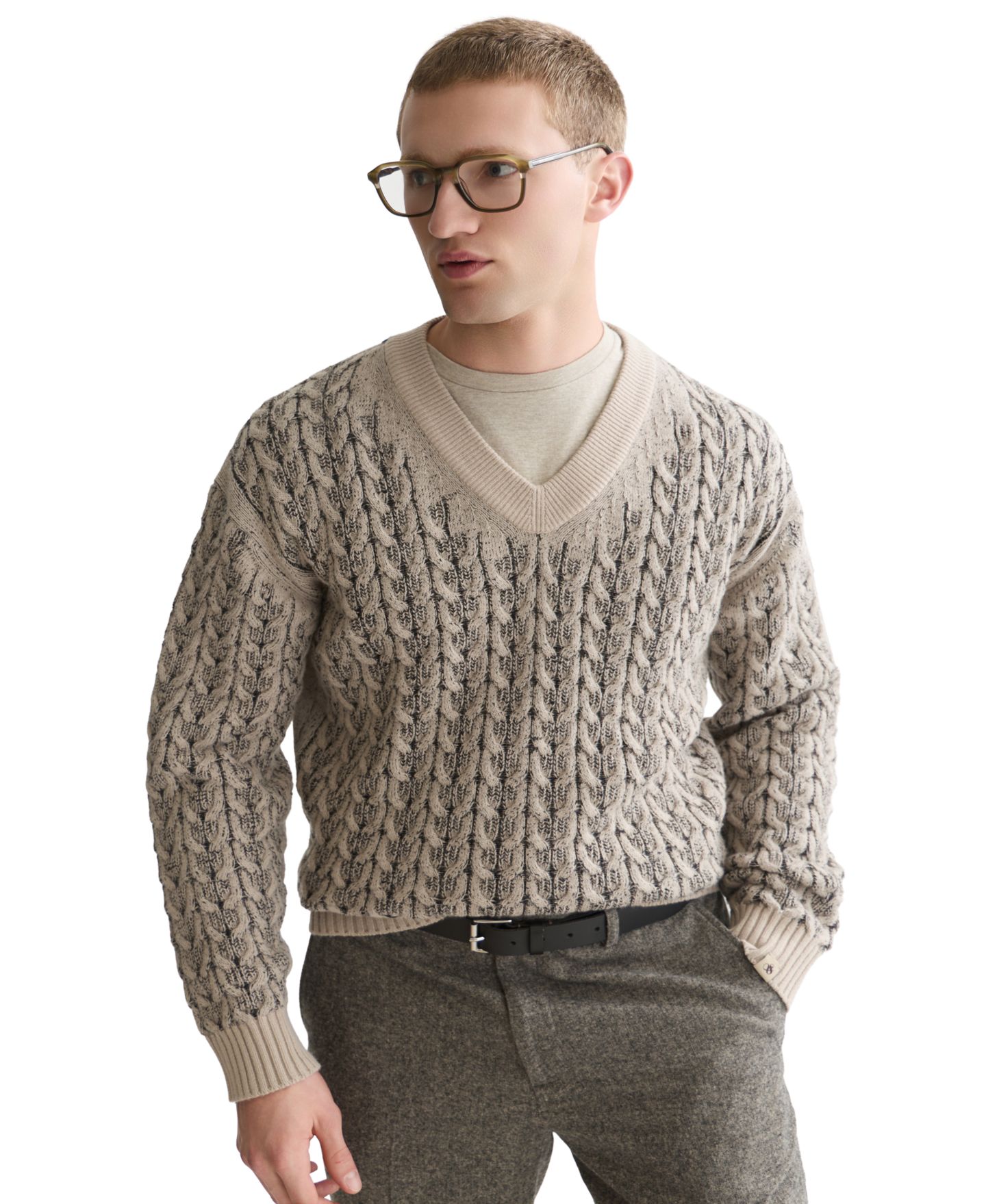 Мужской пуловер Scotch & Soda косой вязки с V-образным вырезом из смеси шерсти, цвет: Чистый меланжевый — фото 1
