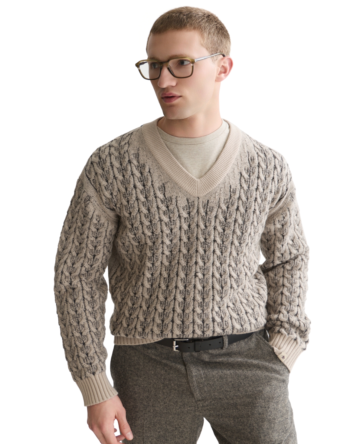 Scotch & Soda Men's Cable-Knit Dropped-Shoulder V-Neck Wool-Blend Pullover - Pure Cashmere Melange