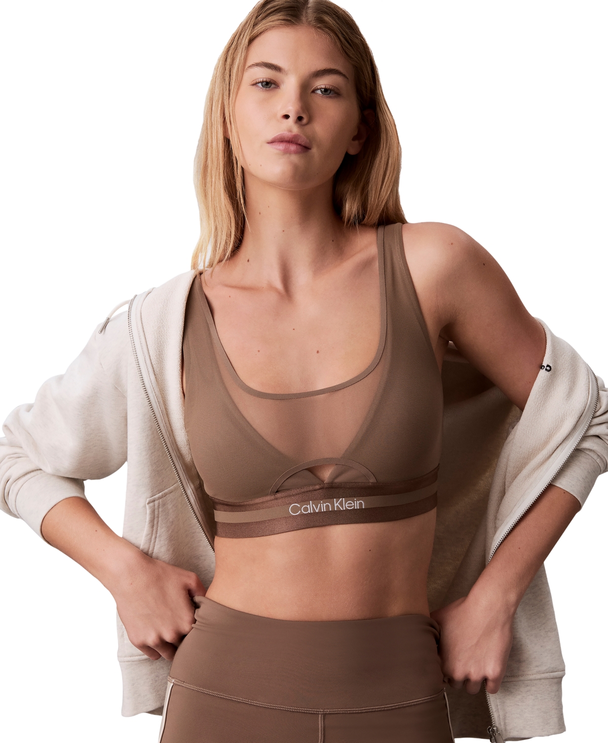 Calvin Klein Performance Icon Sport Shine Wireless Scoop Neck Mesh-Panel Sports Bra, GWF6K106 - Shitake