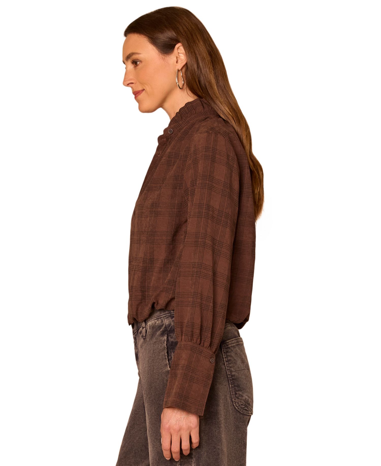 Petite Plaid French-Cuff Ruffle-Neck Faux Suede Blouse