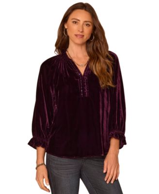 Petite 3/4-Sleeve Velvet Split-Neck Blouse
