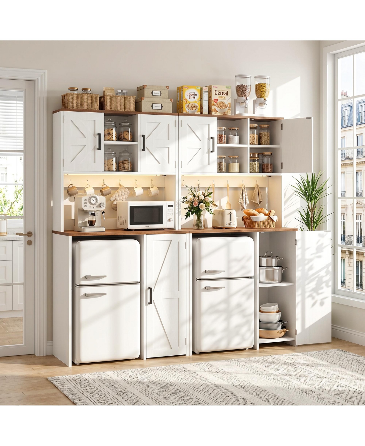 Aheaplus Pantry Cabinet Set of 2 with Mini Fridge Space, Kitchen Cabinet with Storage - White  brown