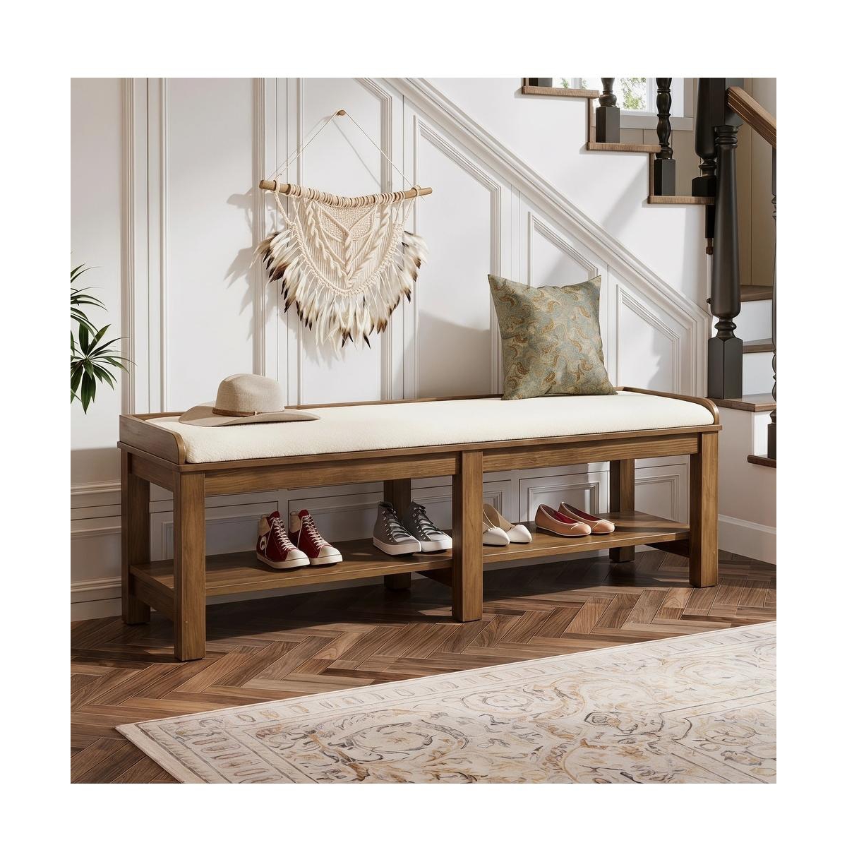 Tribesigns 63" Farmhouse Solid Wood Bench with Storage - Brown and white
