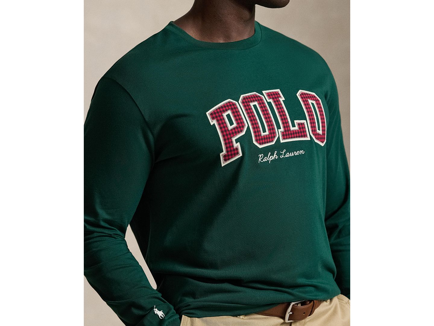 Мужская футболка Polo Ralph Lauren Big & Tall Plaid-Logo Long-Sleeve Graphic, цвет: Мох — фото 3