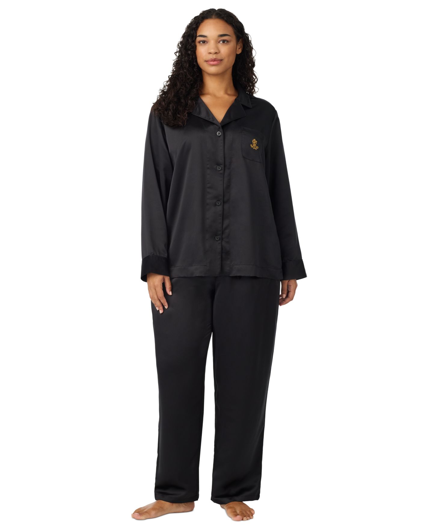 Lauren Ralph Lauren Plus Size Satin Long-Sleeve Notch Collar Top and Pants, 2-Piece Pajama Set, цвет: Чёрный — фото 1