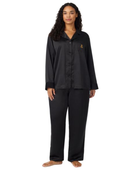Lauren Ralph Lauren Plus Size Satin Long-Sleeve Notch Collar Top and Pants, 2-Piece Pajama Set, цвет: Чёрный