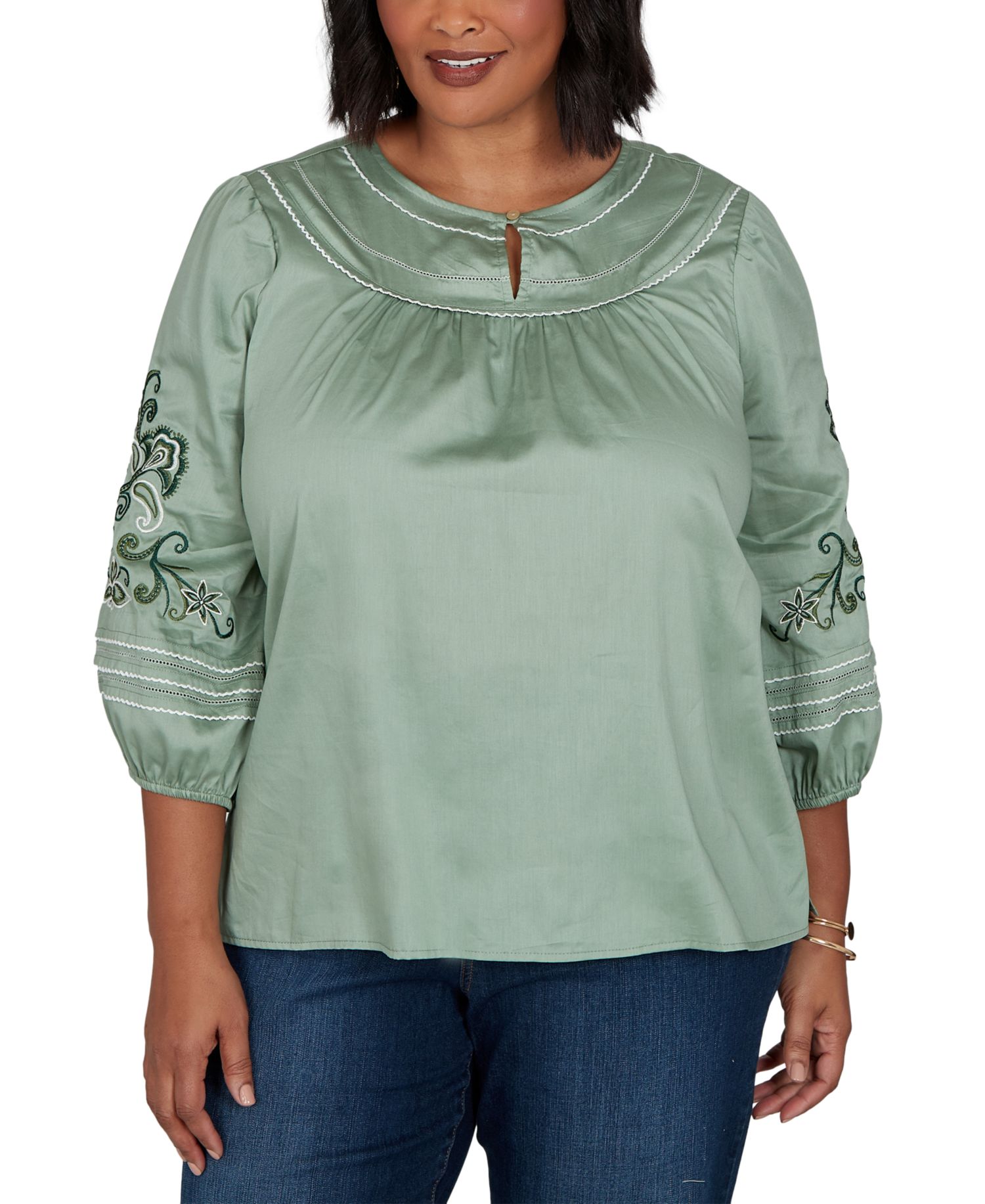Plus Size Embroidered Sleeve Voile Top