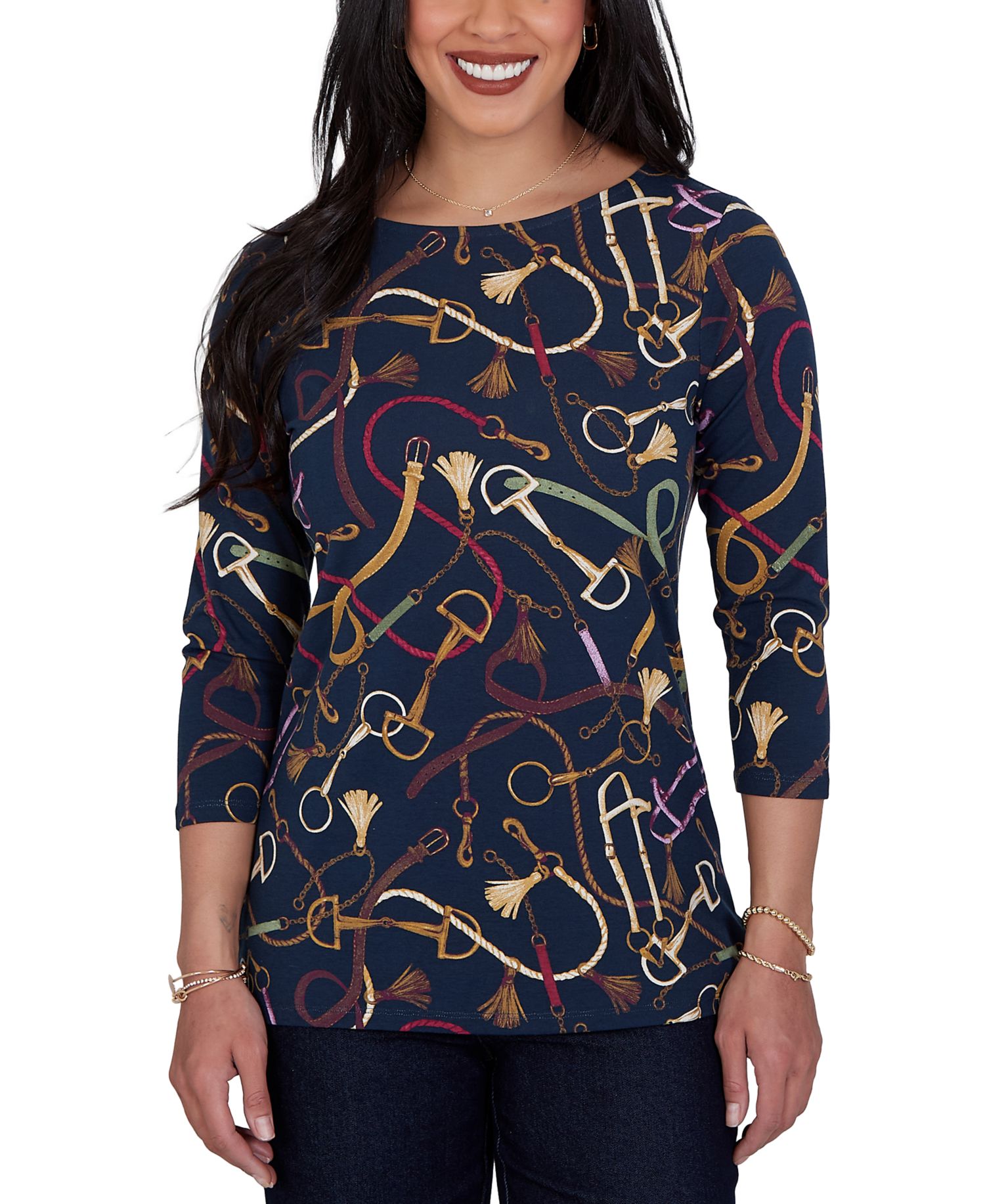 Petite Boat Neck 3/4-Sleeve Equestrian Print Blouse