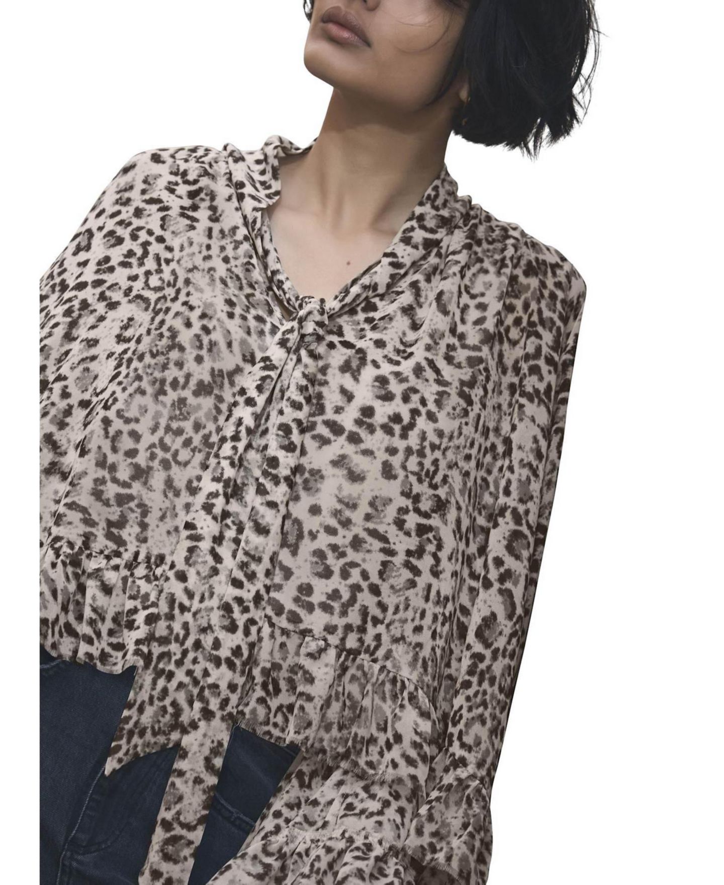Женская блузка Mint Velvet Leopard-Print Long-Sleeve Tie-Neck, цвет: Верблюжий — фото 2