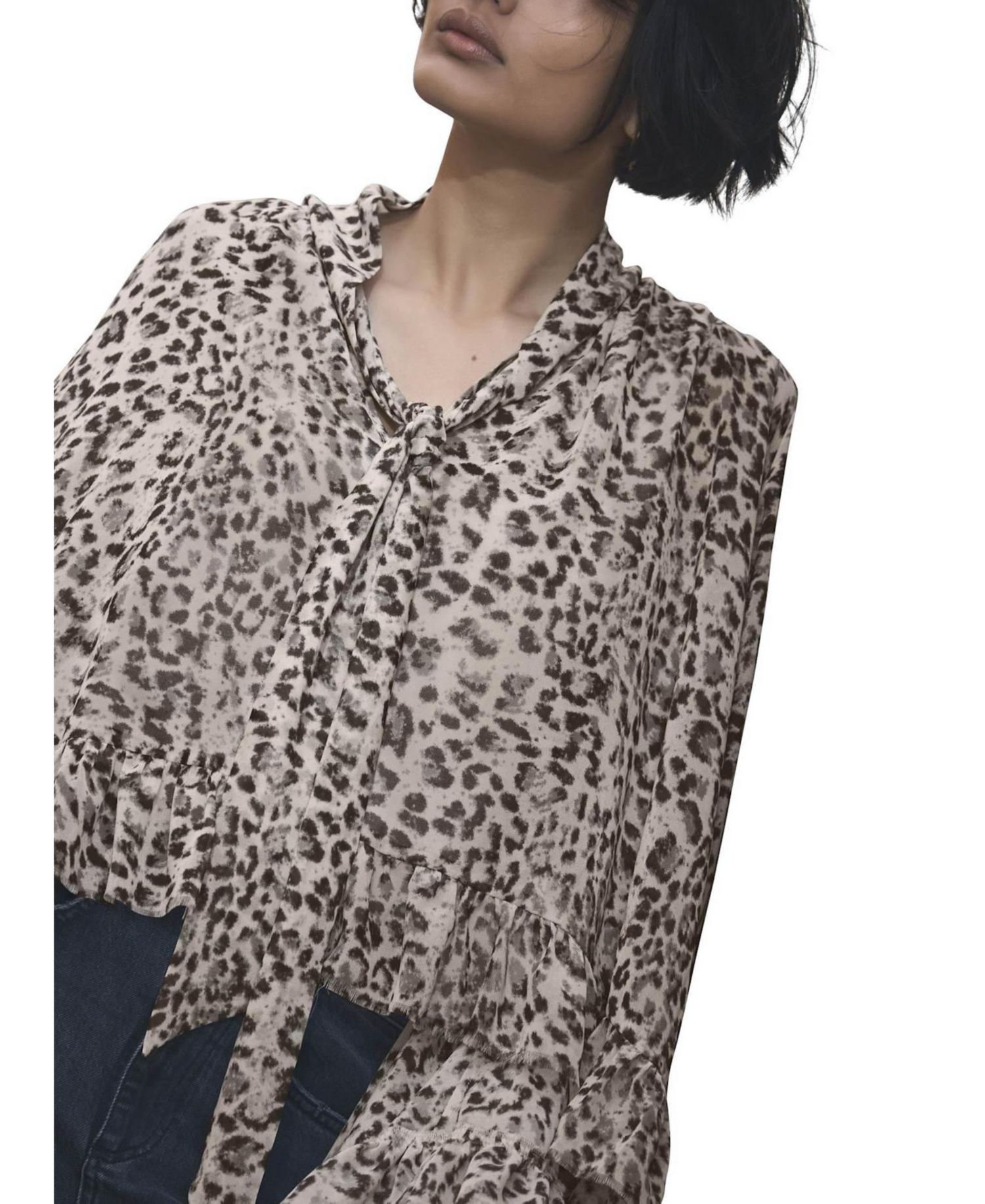 Women's Leopard-Print Long-Sleeve Tie-Neck Blouse