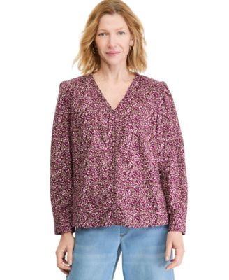 Women's Printed Long Sleeve V-Neck Blouse