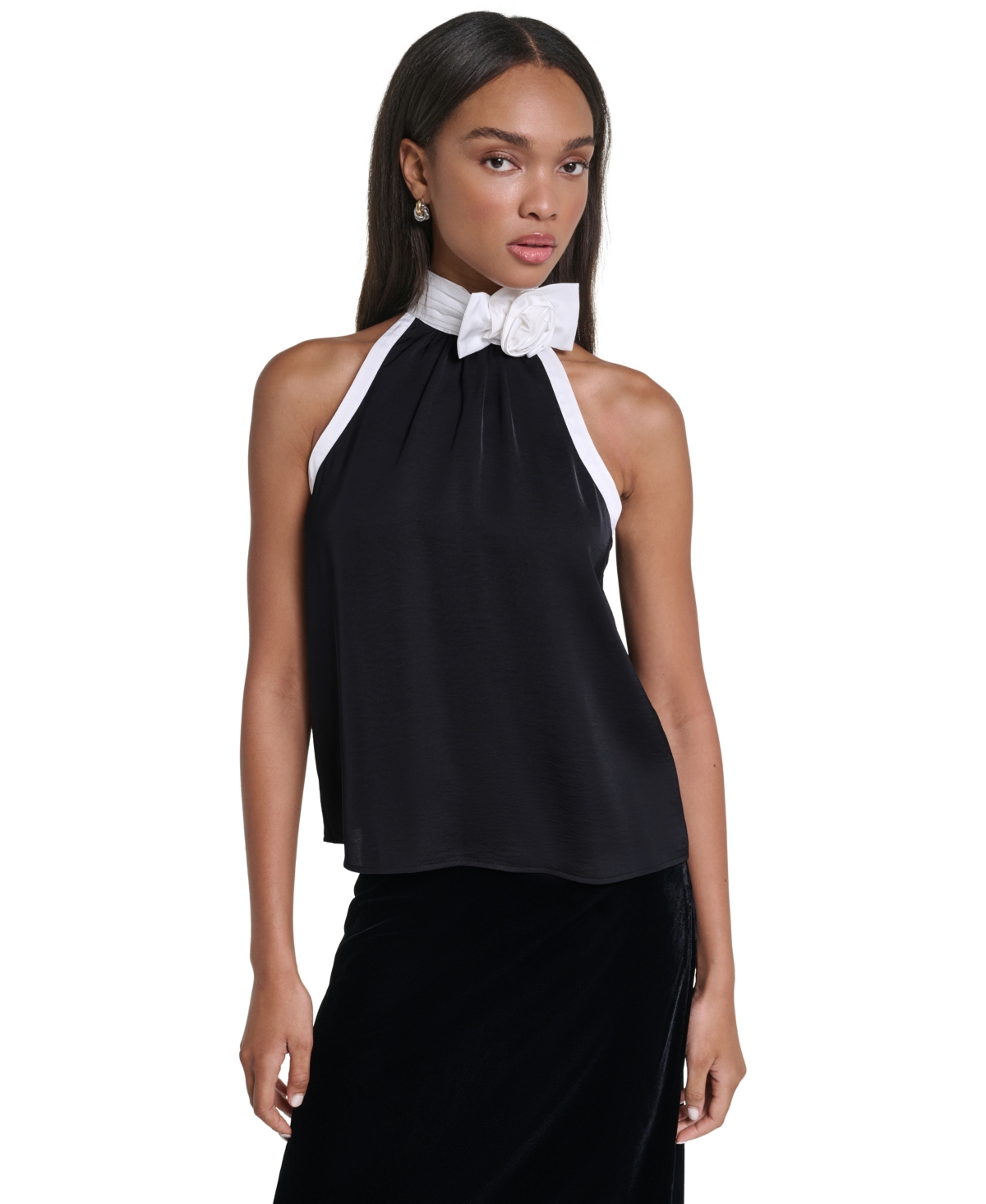 Karl Lagerfeld Paris Petite Rossett Halter Colorblock Rosette Tank