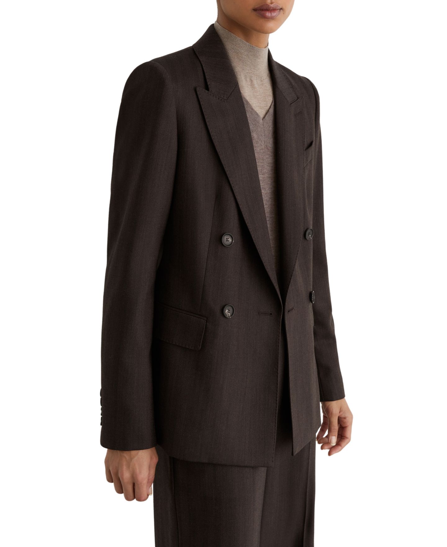 Женский пиджак REISS Dawson Herringbone Double-Breasted Wool-Blend Blazer, цвет: Шоколадный — фото 1