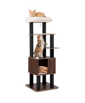 64 Inch 6-Level Wooden Cat Tower with 19 Inch Slatted Condo and Padded Removable Cushion