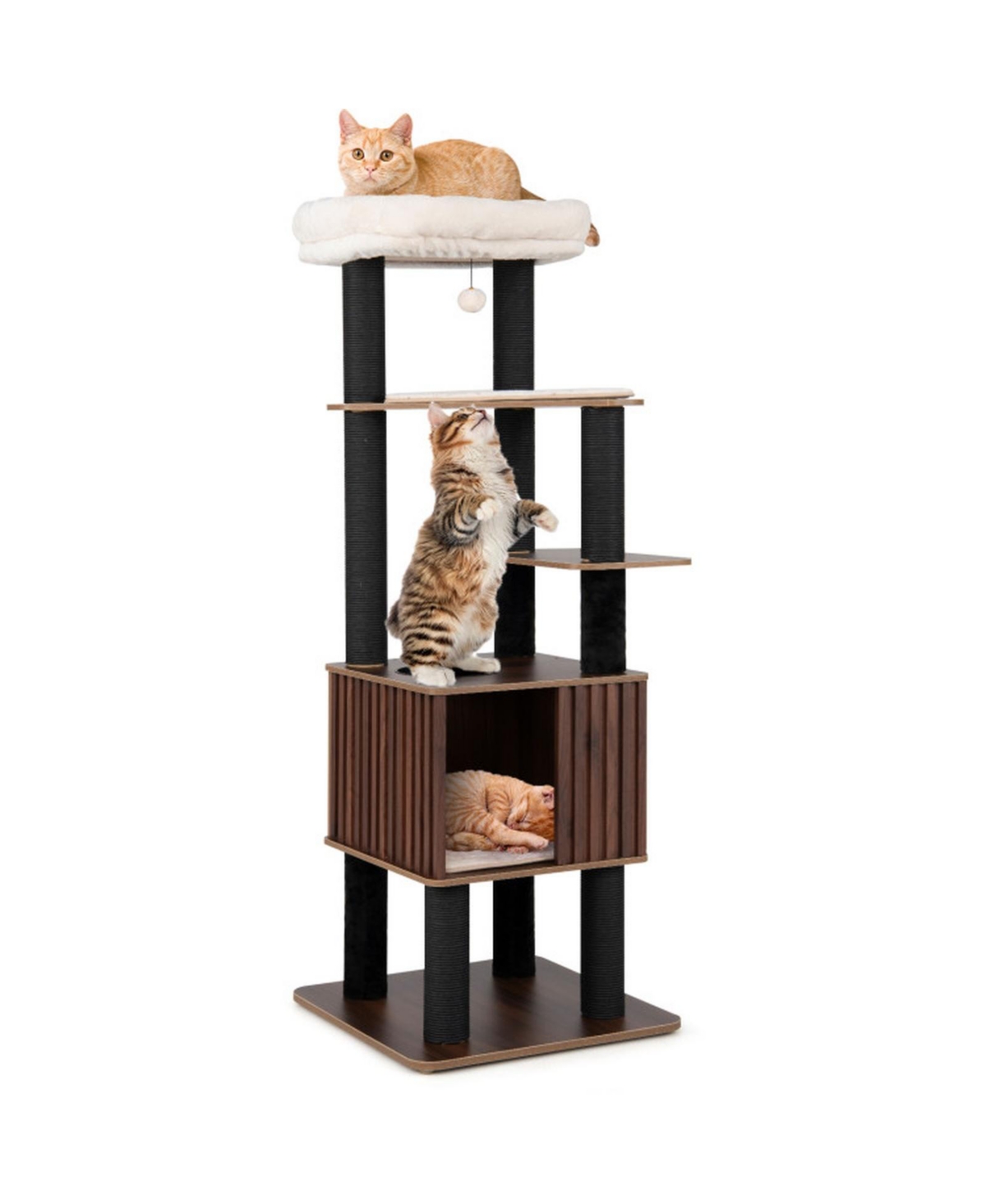 Sugift 64 Inch 6-Level Wooden Cat Tower with 19 Inch Slatted Condo and Padded Removable Cushion
