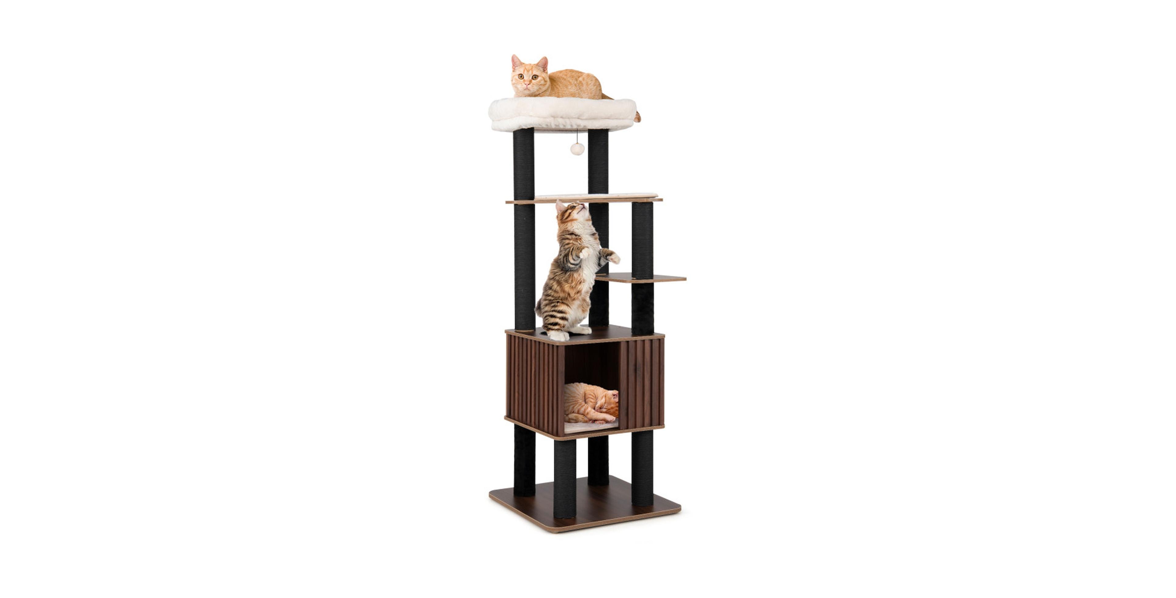 Sugift 64 Inch 6-Level Wooden Cat Tower with 19 Inch Slatted Condo and Padded Removable Cushion
