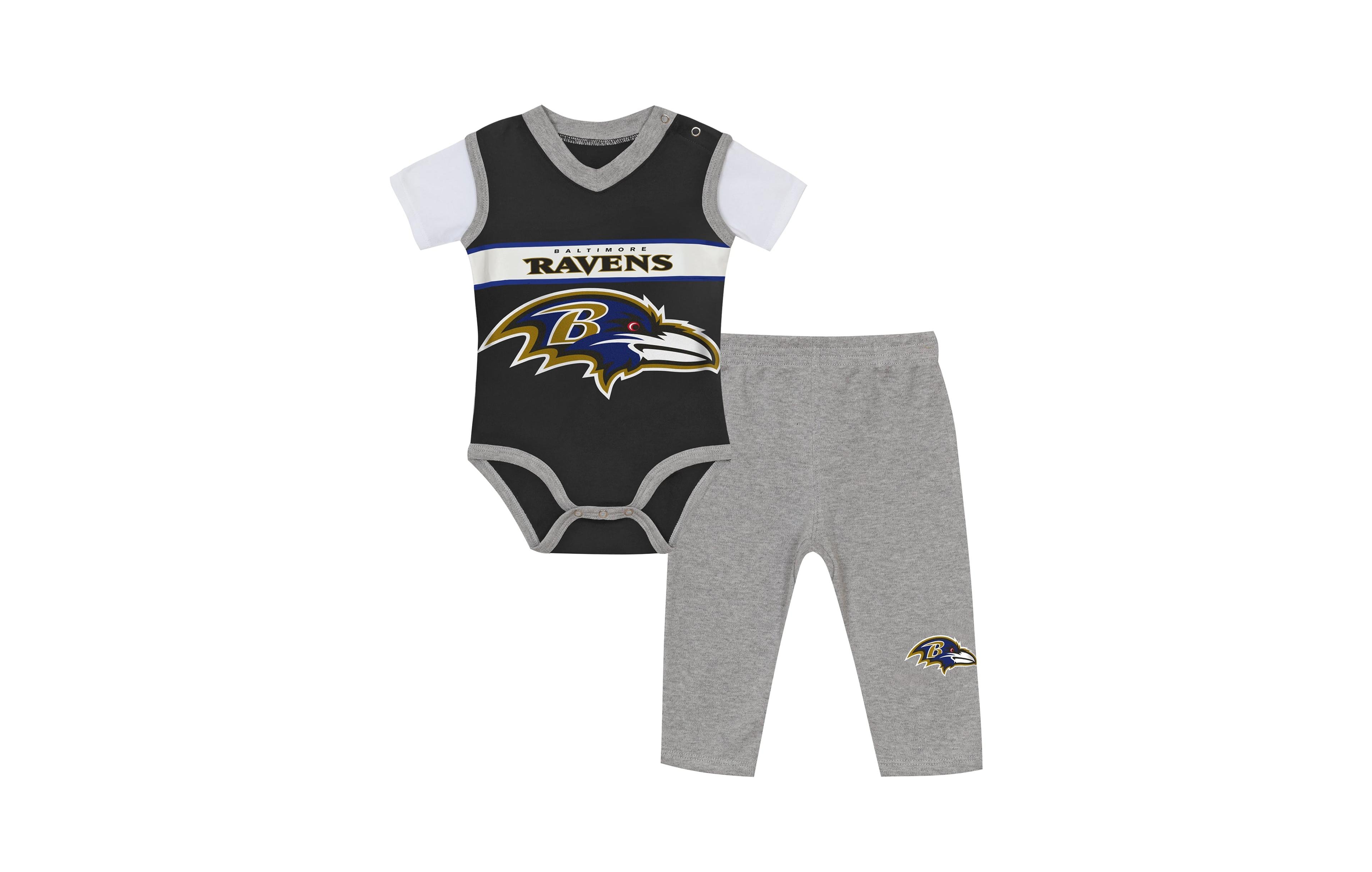 Outerstuff Baby Boys' and Girls' Baltimore Ravens Screen-Printed V-Neck Bodysuit Pants, 2-Piece Set