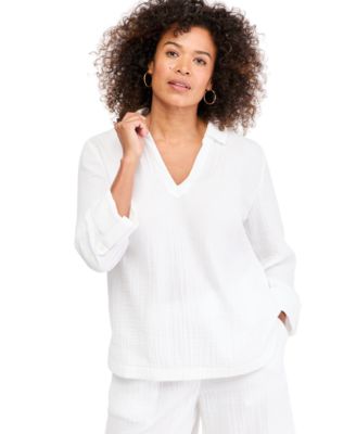 Women's Cotton Gauze Popover Roll-Tab Shirt