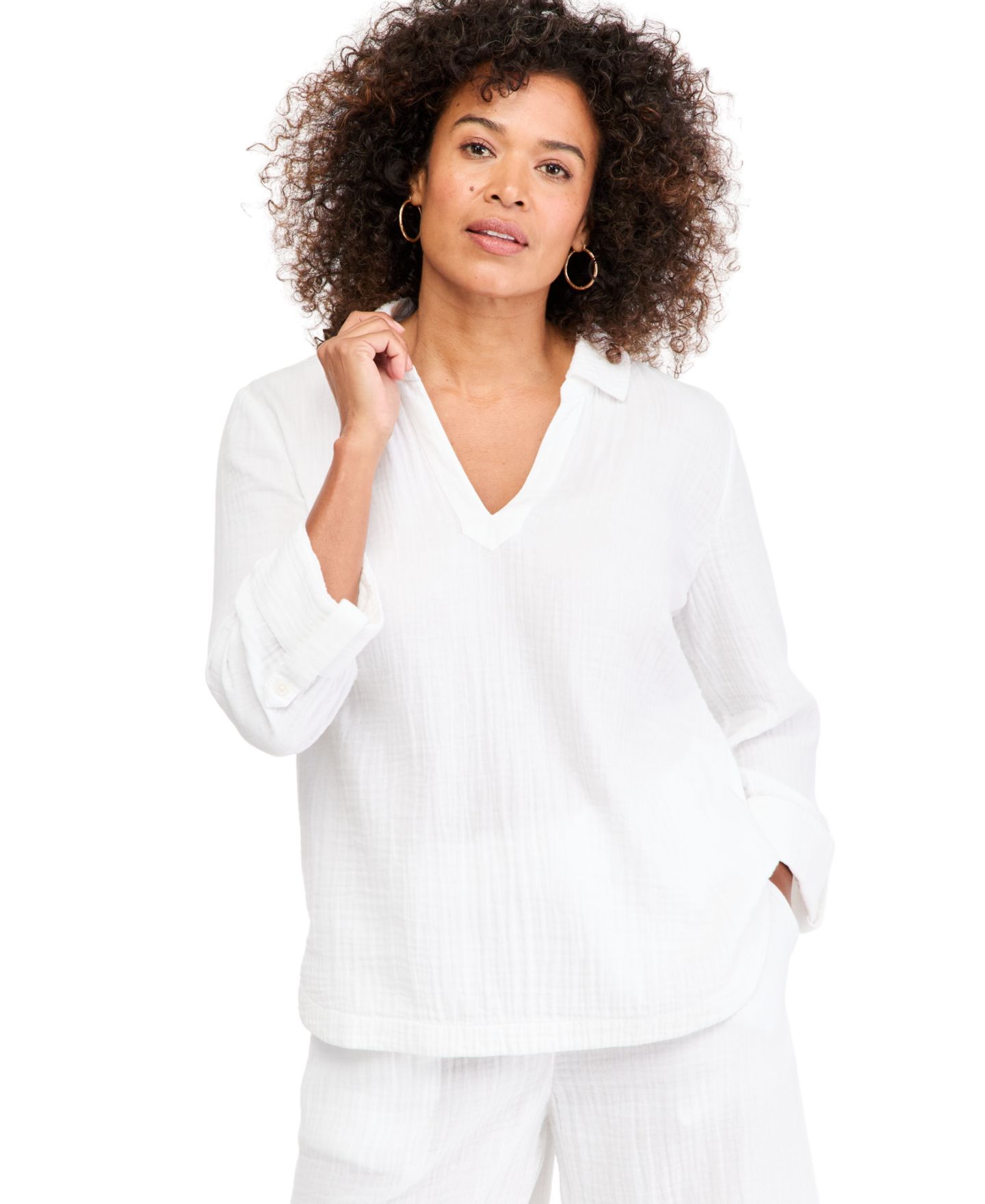 Женская рубашка Style & Co Cotton Gauze Popover Roll-Tab, цвет: Яркий белый — фото 1