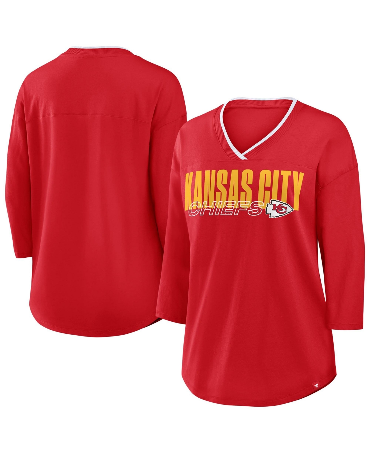 Fanatics Women's Plus Size Kansas City Chiefs Deceptive Juke 3/4-Sleeve V-Neck T-Shirt - Red, White