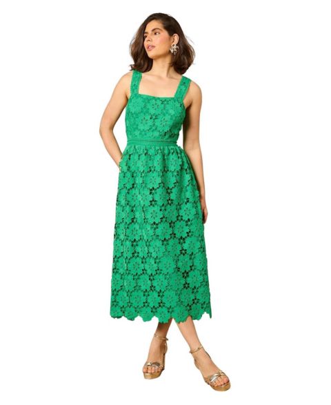 Женское платье Oasis Floral Lace Square Neck Midi, цвет: Изумрудный