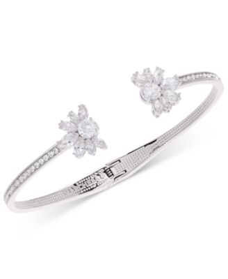 Silver-Tone Cubic Zirconia Floral Cuff Bracelet