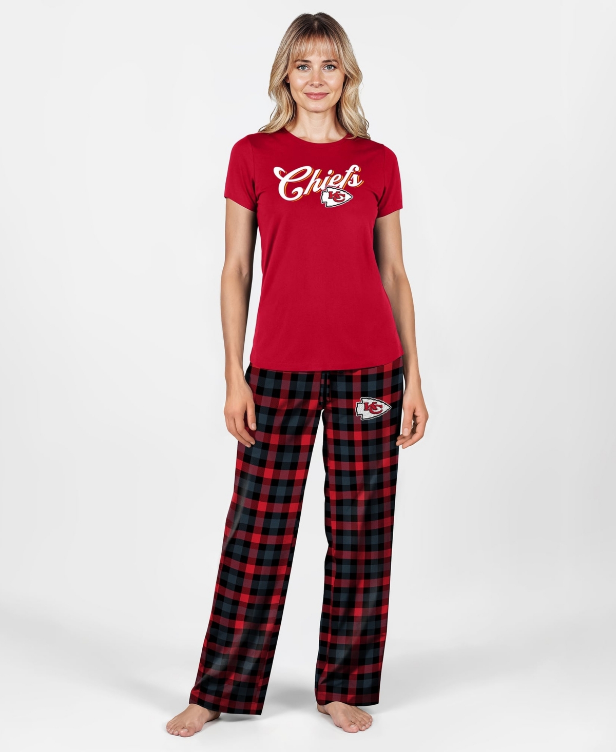 Concepts Sport Women's Kansas City Chiefs Highland Plaid Short-Sleeve T-Shirt and Pajama Pants, 2-Piece Set - Red, Black