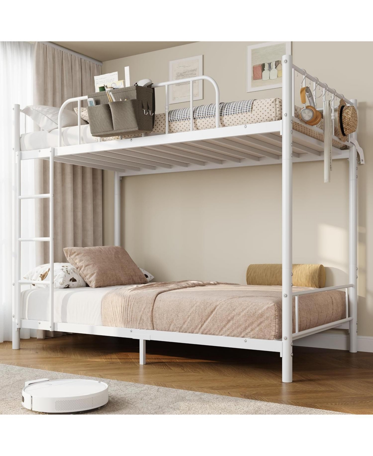 gaomon Twin Over Twin Metal Bunk Bed with Ladder and Guardrail - Space-Saving Bed Frame for Kids, Teens and Adults - White