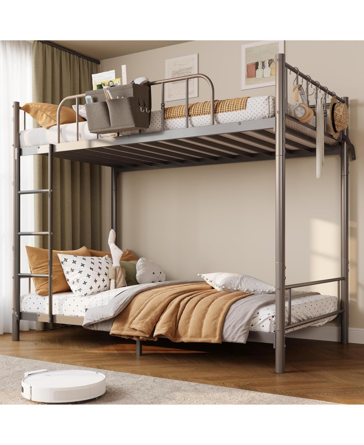 gaomon Twin Over Twin Metal Bunk Bed with Ladder and Guardrail - Space-Saving Bed Frame for Kids, Teens and Adults - Grey
