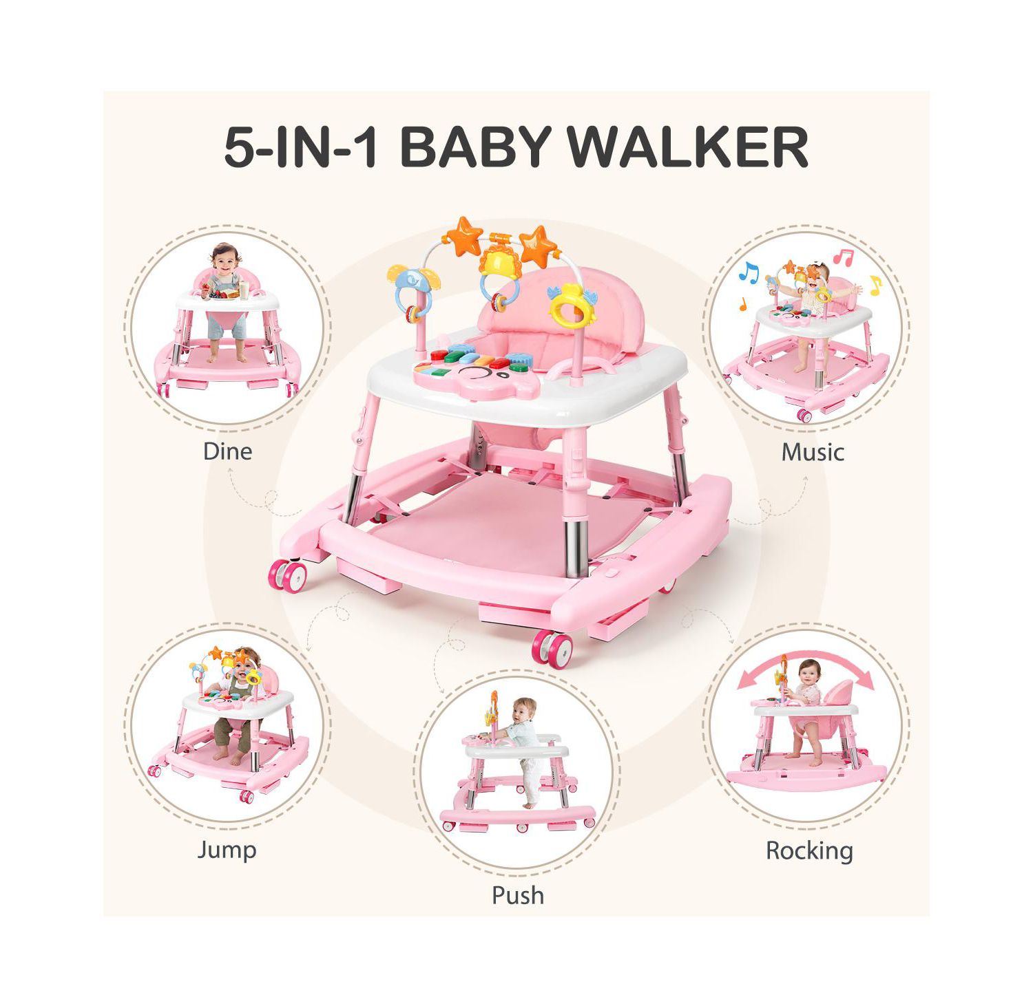 5-in-1 baby walker with adjustable height, activity panel and foldable design