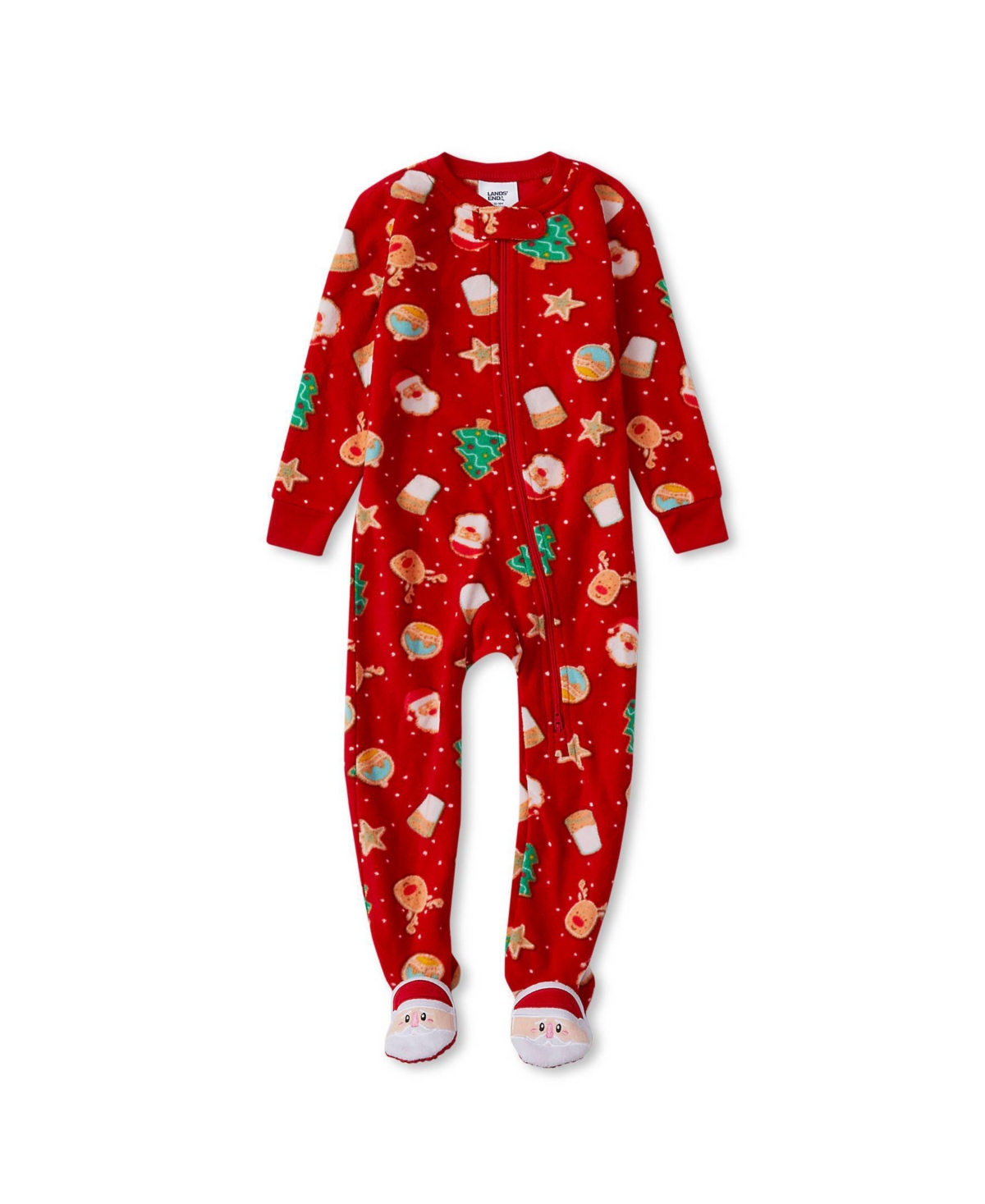 Lands' End Baby Girls Fleece Footed Pajama - Reindeer/fiery red