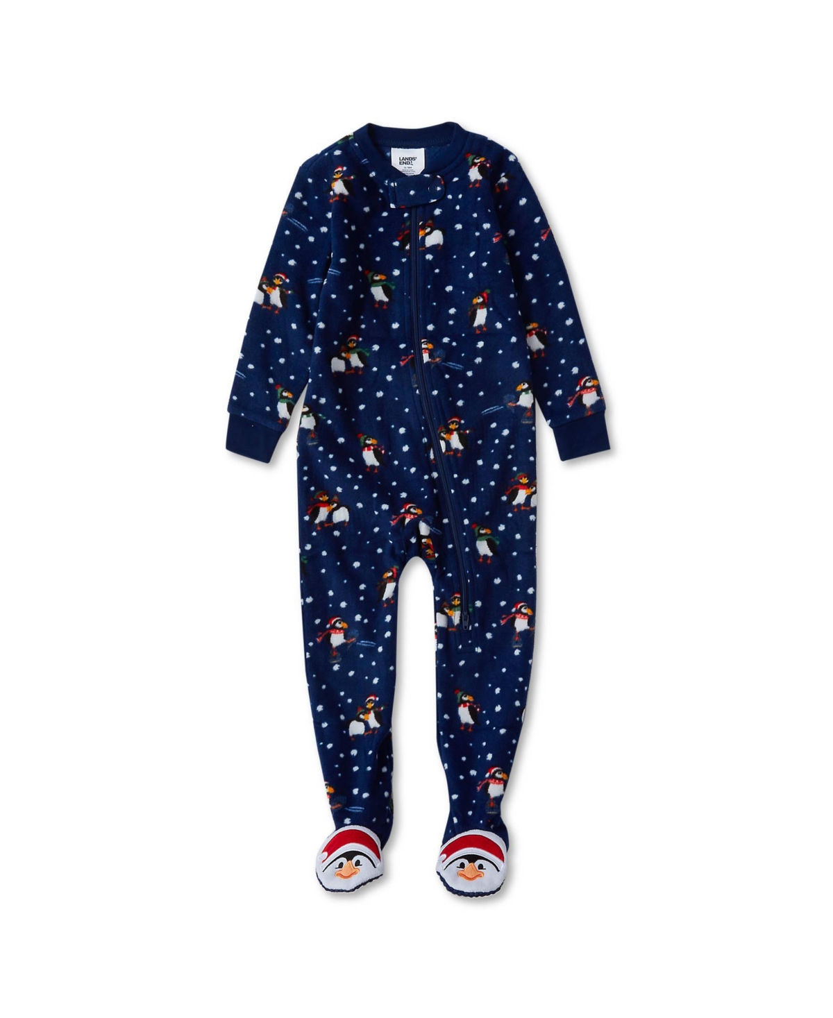 Lands' End Baby Girls Fleece Footed Pajama - Winter puffins/liberty blue