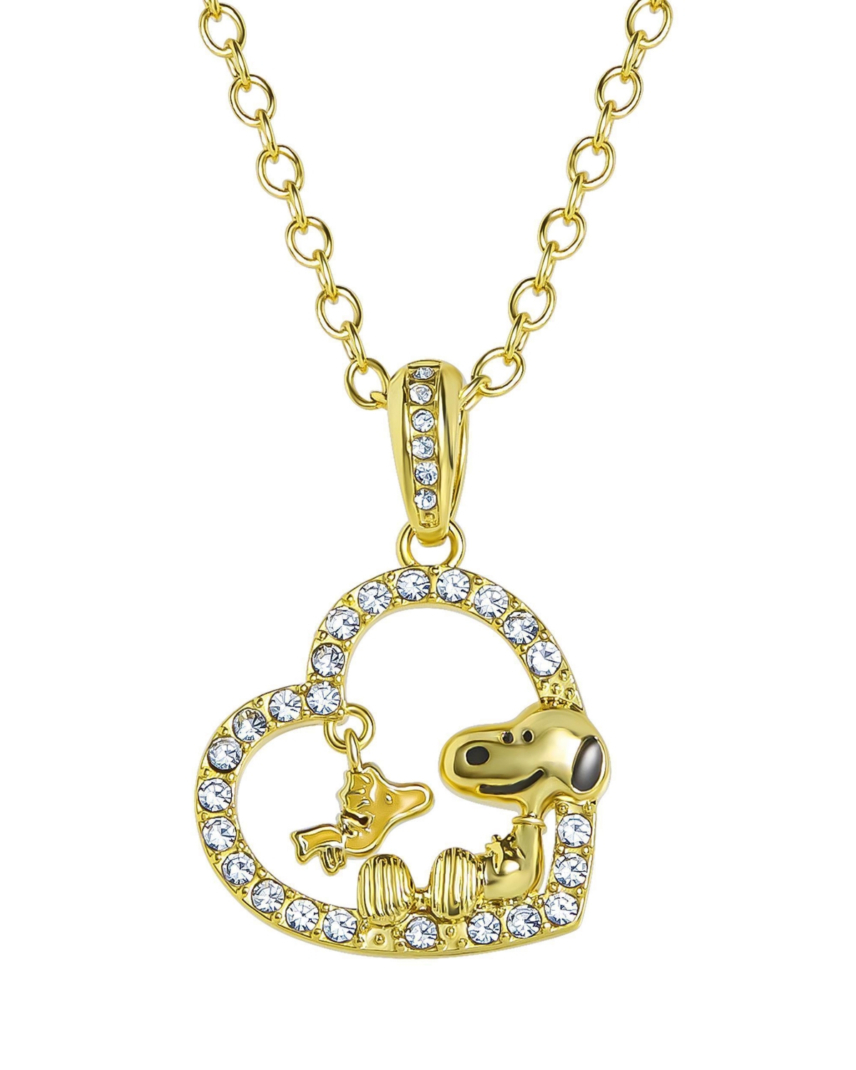 Peanuts Woodstock and Snoopy Necklace, Crystal Heart Pendant, 16"+2" - Gold