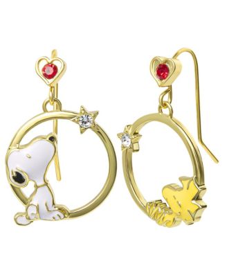 Crystal Snoopy and Woodstock Mismatched Dangle Hoop Earrings