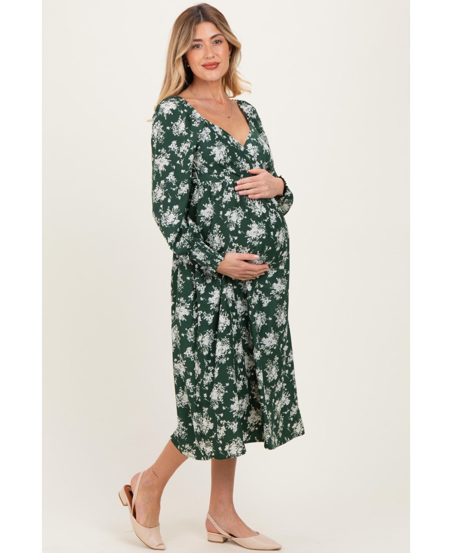 Women's Forest Green Floral Crossover Neckline Midi Dress