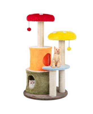 43 Inch Round Cat Tree with 2 Enclosed Condos Thick Padded Mushroom Platforms and Sisal Posts