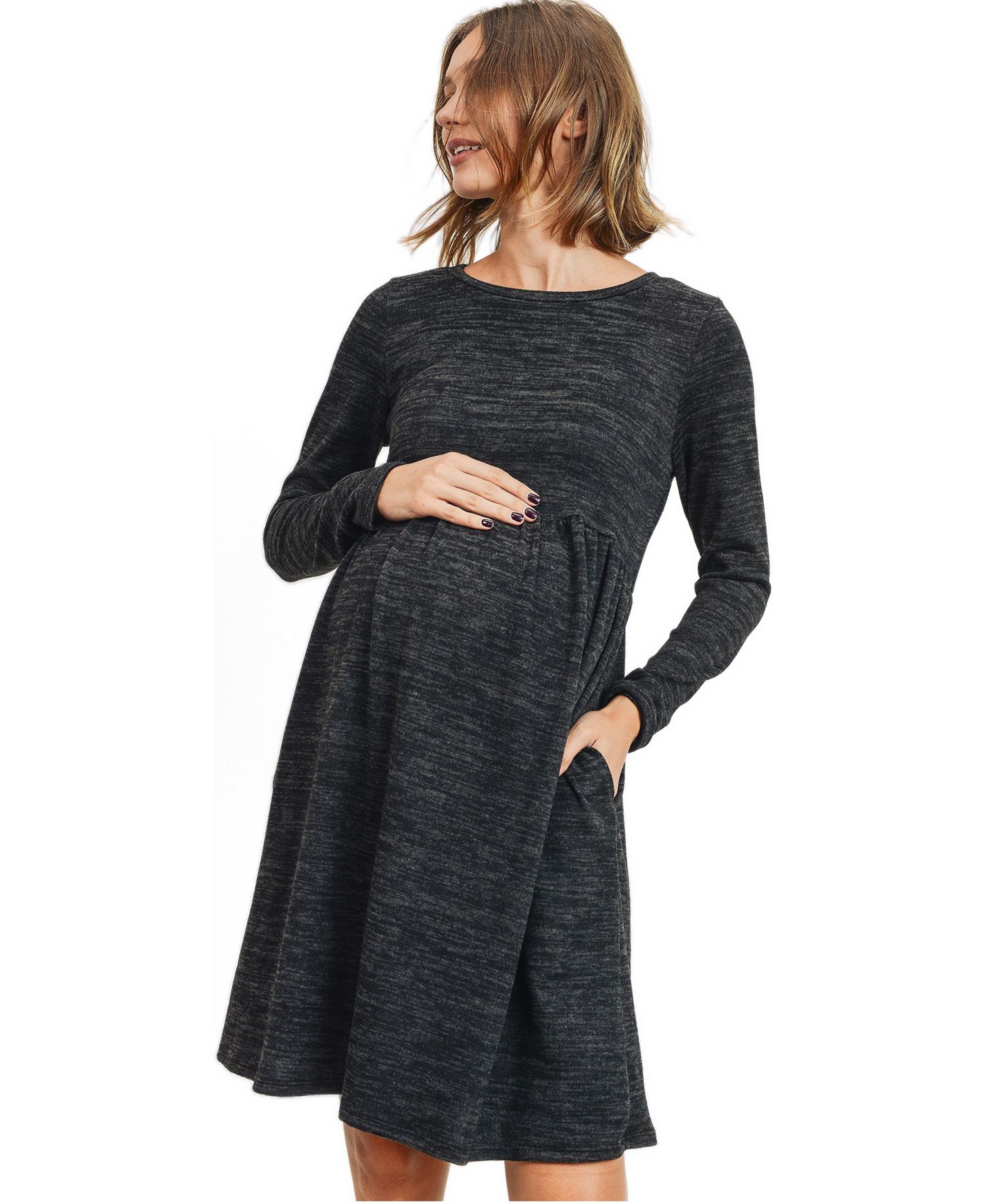 Maternity Long-Sleeve Empire-Waist Pocket Dress